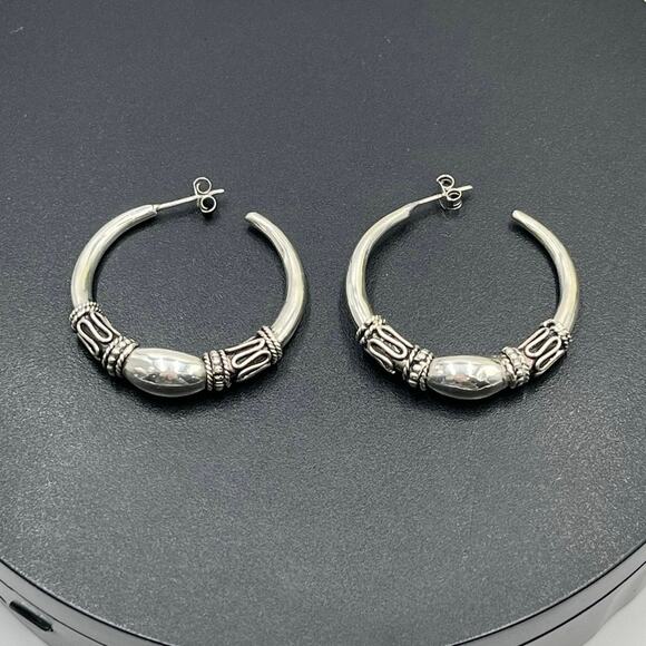 Sterling Silver 925 Balinese Oxidized Finish Post Clutch Back Hoop Earrings - Picture 1 of 8